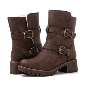 Buckle Calf Boots Vegan Leather Faux Shearling Lining Warm Boots Waterproofed